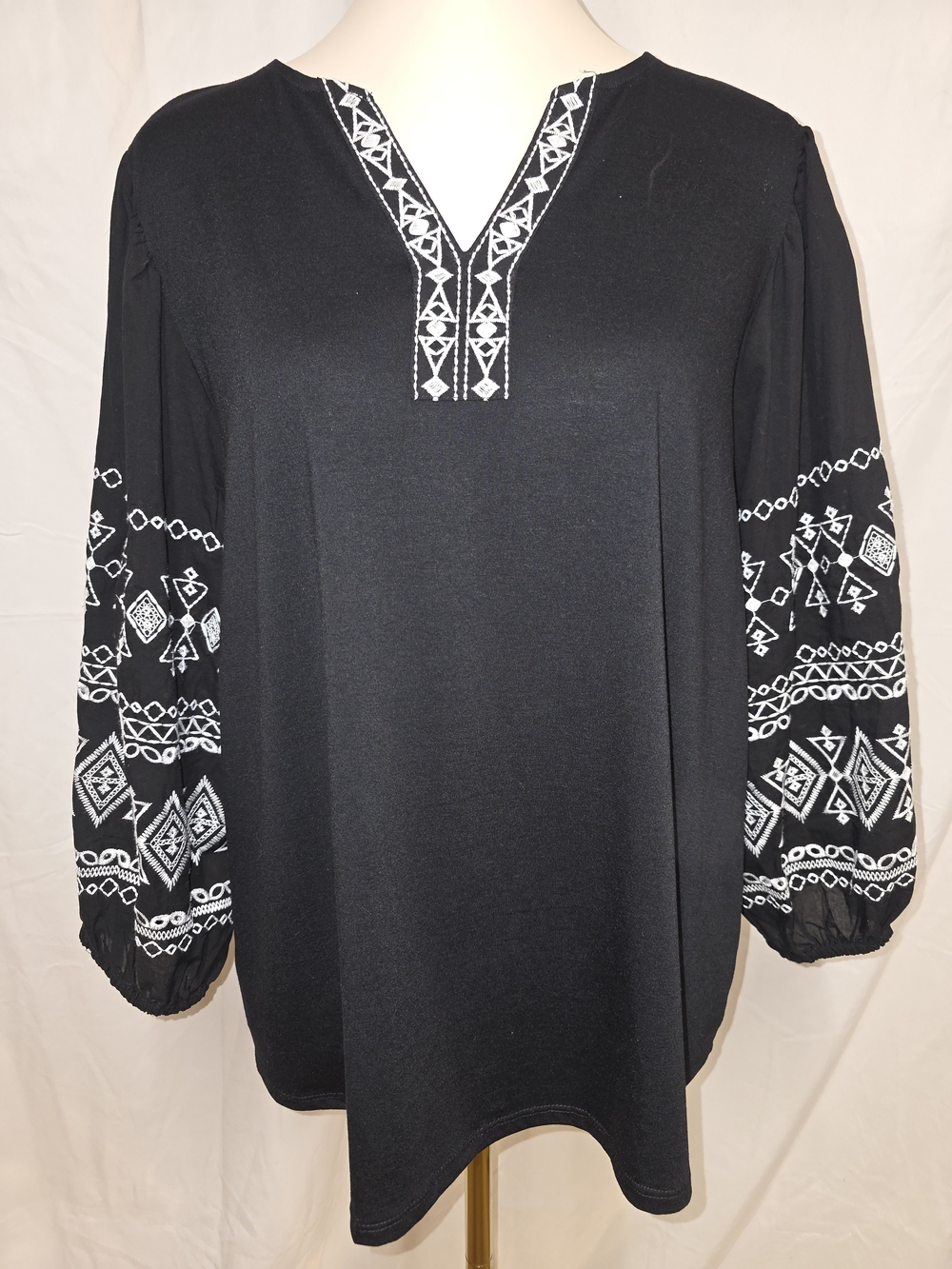 Ruby Rd. Black Tunic with White Geometric Embroidery